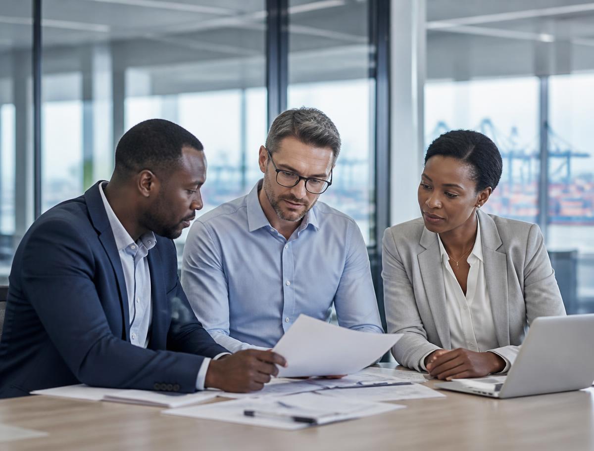 Business executives reviewing shipping documents in an office overlooking a port