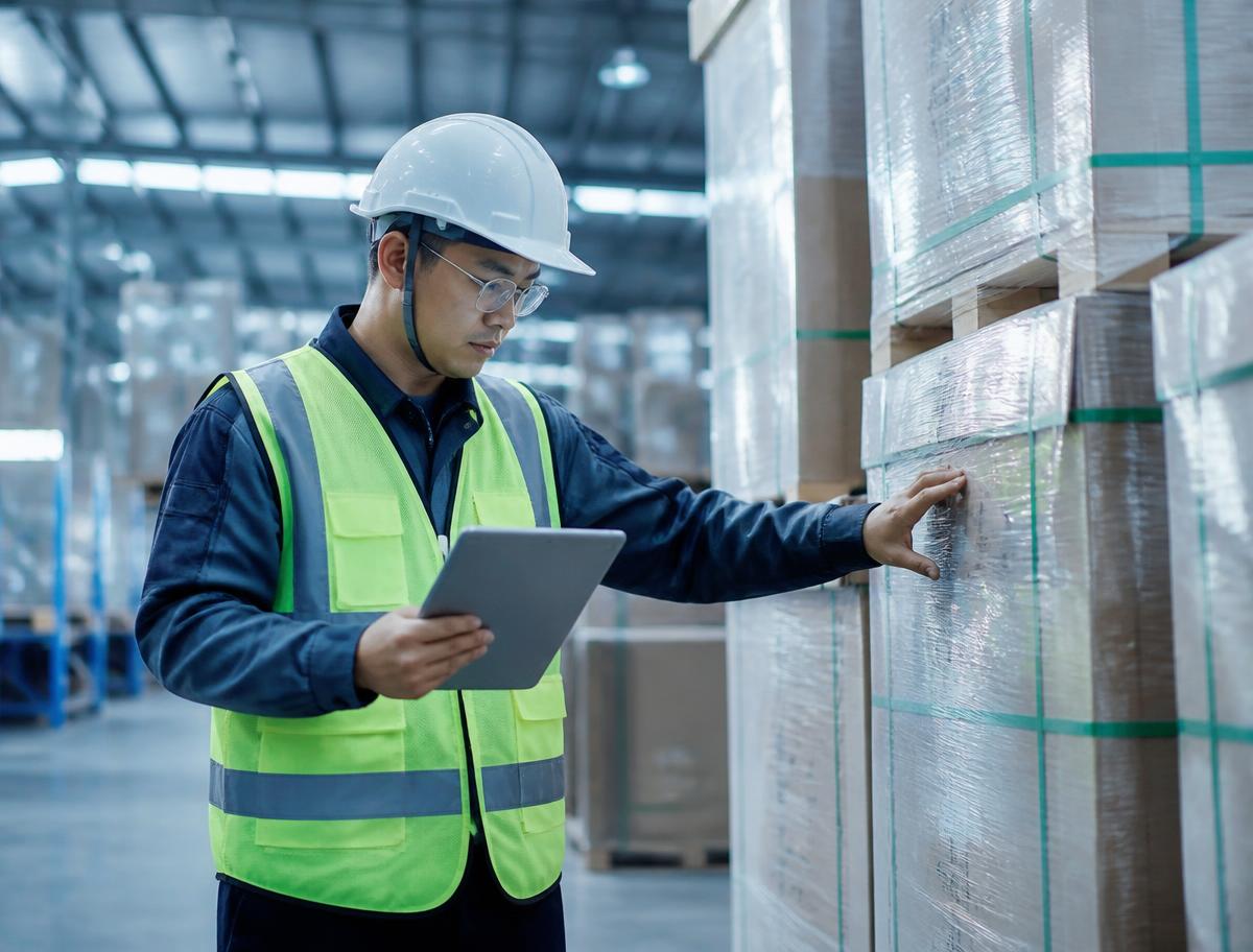 Inspector checking palletised cargo with a tablet in a logistics facility